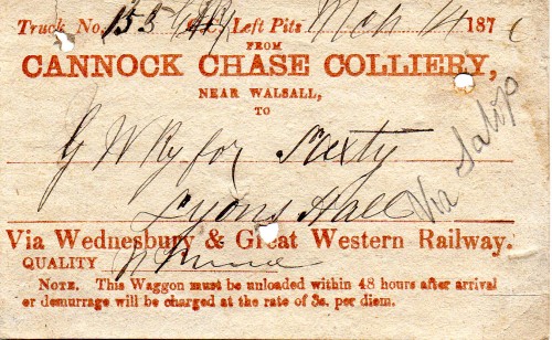 Wagon Label Cannock Chase Coll to Lyons Hall 1876